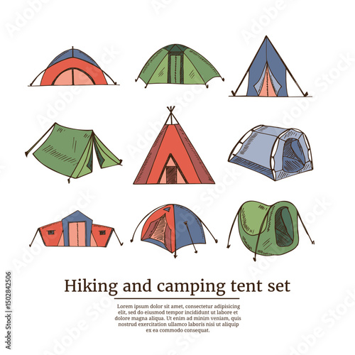 Hiking and camping hand drawn doodle set. Vector illustration. Isolated elements on white background. Symbol collection.