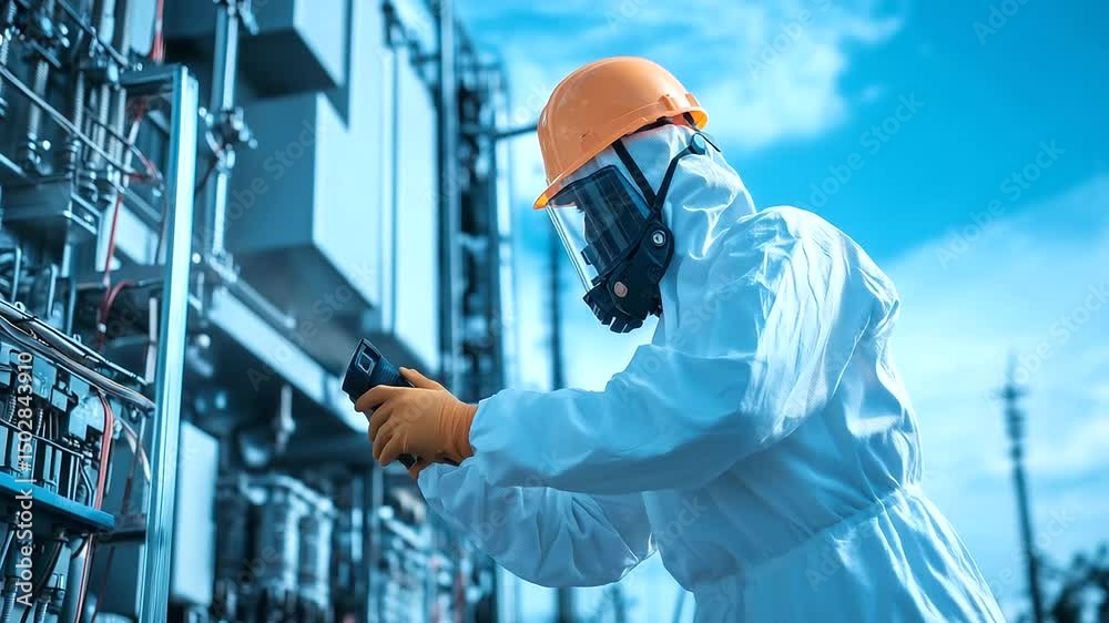 A worker in a protective suit using thermal imaging to inspect a high-voltage power transformer for potential overheating and inefficiencies.