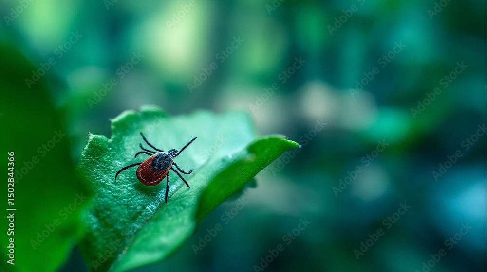 Fototapeta premium Close-up of small tick insect on green leaf in forest environment, symbolizing danger of Lyme disease and tick-borne infections in nature. Health risk and parasite concept.