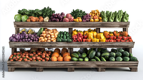 Rustic Wooden Produce Stand with Fresh Vegetables and Fruits