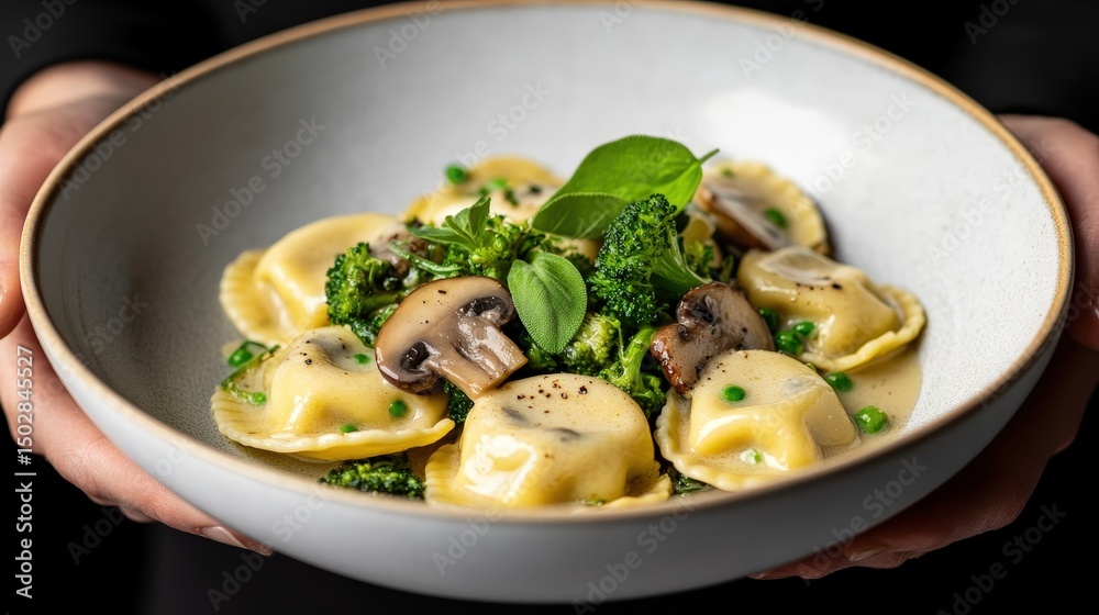 A bowl of ravioli pasta with mushrooms, broccoli, peas, and fresh herbs, held in two hands. A bowl of ravioli pasta with mushrooms, broccoli, peas, and fresh herbs, held in two hands.