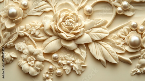 Ornate floral bas-relief design with pearls.