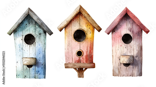 Set of watercolor vintage bird house