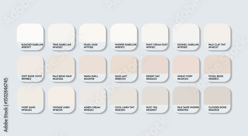 Isabelline Color Palette. Light and Airy Tints Isabelline Variants Tones Swatch Chart with HEX Codes and Color Names. earthy and cream Infused white Tone Palette. refresh painting color white Variants