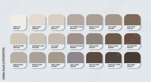 Taupe Color Palette. Light and Soft Taupes Variants Tones Swatch Chart with HEX Codes and Color Names. Deep and Rich Taupes cream Infused wood color Tone Palette. Muted and Dusty Tones with simple