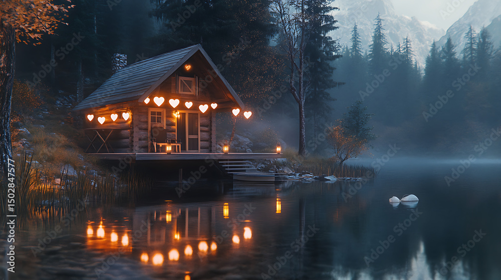 Fototapeta premium Cozy cabin on misty lake