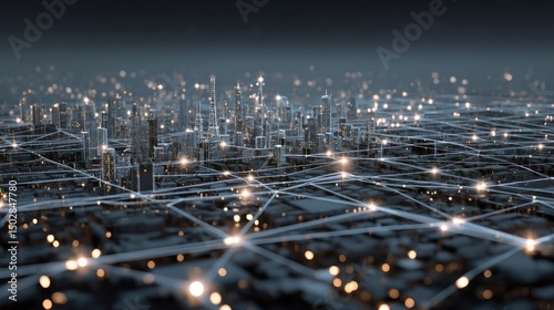 Digital city landscape with glowing network connections and abstract building structures shown photo