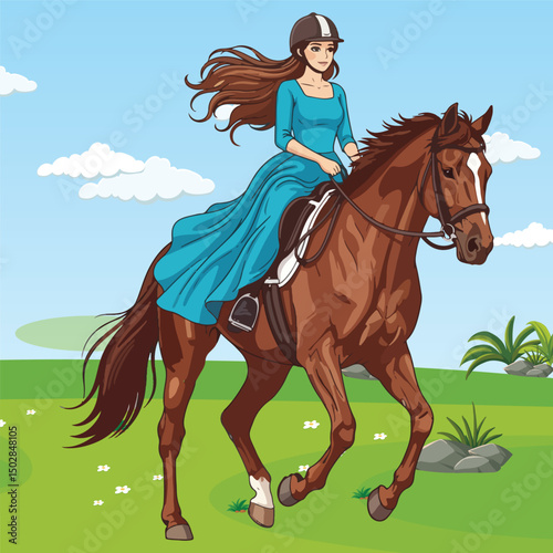 A graceful young woman with long, flowing brown hair, confidently riding a magnificent brown horse across a vibrant green field under a clear blue sky dotted with fluffy white clouds