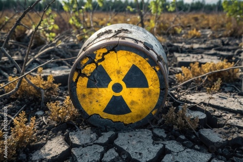 A radioactive barrel sits in the middle of a green field, surrounded by tall grass and wildflowers