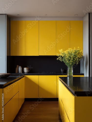 Modern kitchen with bright yellow cabinets and dark accents.