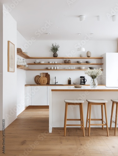 A modern, minimalist kitchen with light wood tones and white cabinetry.