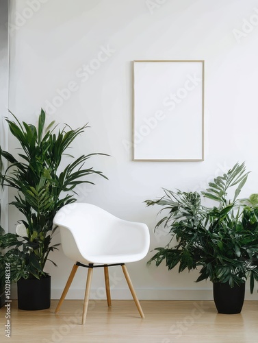 White chair and houseplants in a minimalist interior.