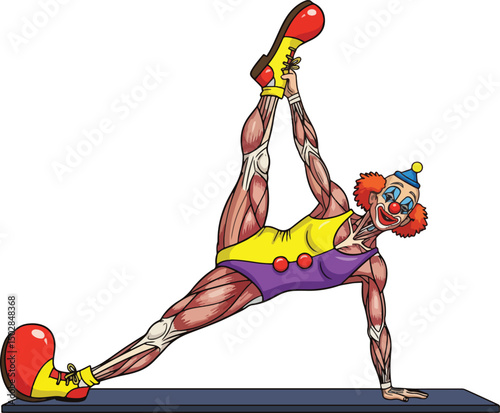 A muscular clown, with visible anatomical details of muscles and bones, striking a flexible yoga pose on an exercise ma