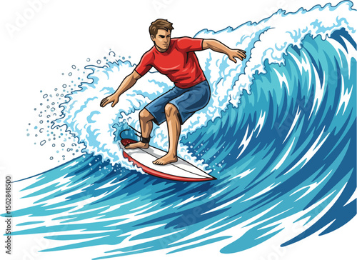 a surfer riding a powerful wave, isolated against a white background.