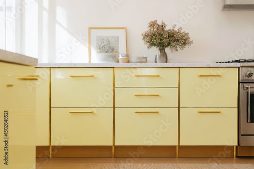 Light yellow kitchen cabinets with gold handles.