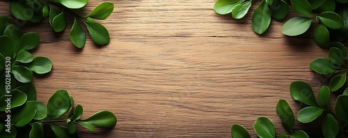 Green leaves frame wood; nature background (1)