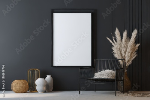Blank picture frame in a modern dark room.