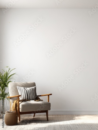 A light beige armchair with striped cushions in a minimalist interior.