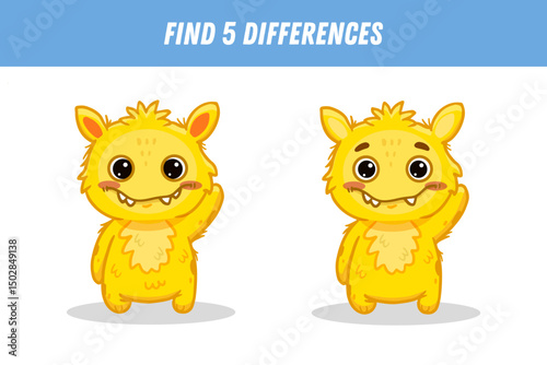 Find 5 differences between two pictures of funny yellow monster. Cute alien. Vector illustration
