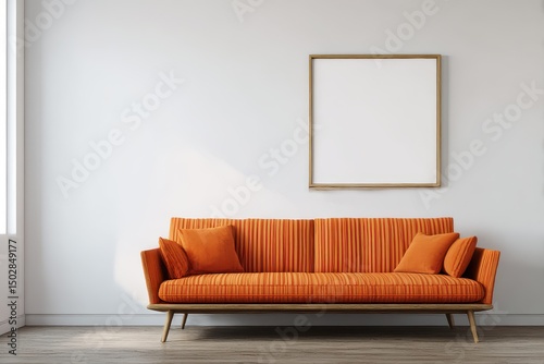 Contemporary living room scene with an orange couch and empty frame.