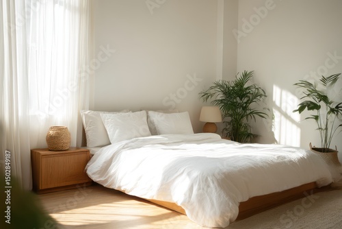 A serene bedroom bathed in natural light.