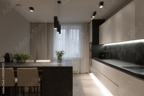 Modern kitchen with pendant lights and stylish cabinets.