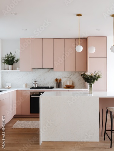 A modern kitchen with blush-pink cabinets and a light-colored island.