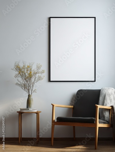 Empty frame on a light wall in a room with a wooden chair and side table.