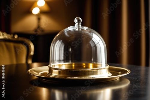 A crocheted item sits next to a lamp on a table, waiting for use