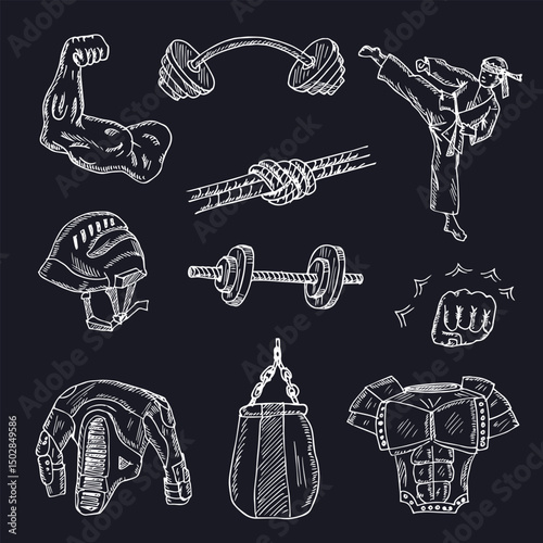 Strong hand drawn doodle set. Vector illustration. Isolated elements on white background. Symbol collection.
