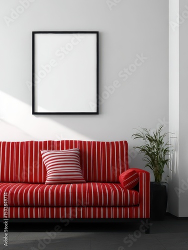 Red striped sofa in a modern living room.