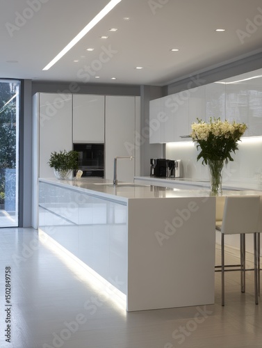 Modern white kitchen with integrated lighting.