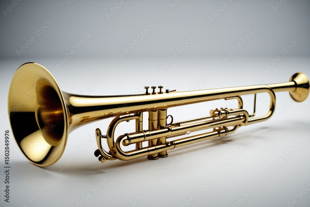 Obraz premium A golden trumpet sits atop a clean white surface, ready for use