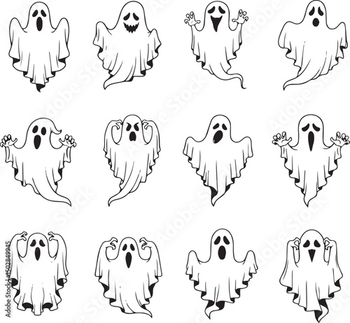 Set of Funny and Scary Cartoon Ghost Characters – Halloween Spooky Spirit Clipart Collection Isolated on White Background