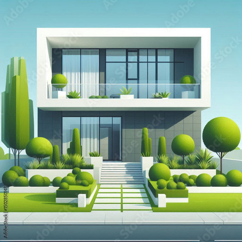 Modern architectural house with greenery, clean lines, vibrant garden, sunny sky, copy space