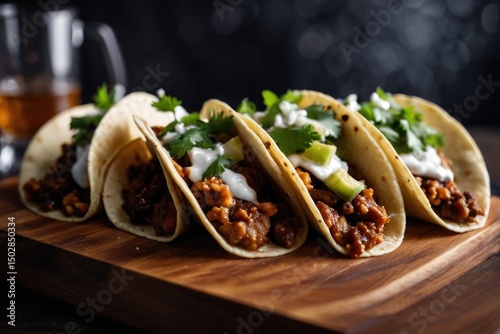 Three tacos placed on a wooden cutting board