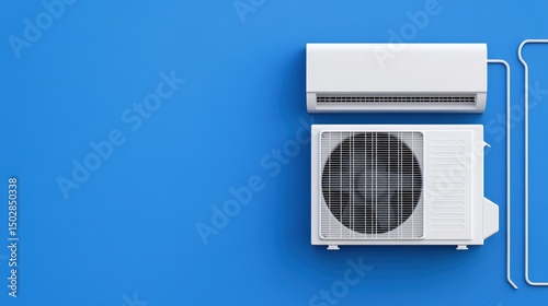 Modern split air conditioner unit mounted on a vibrant blue wall, showing both the indoor and outdoor components.