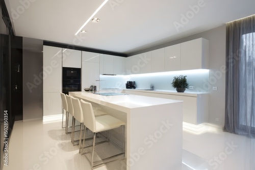 Modern white kitchen with sleek island and bar stools.