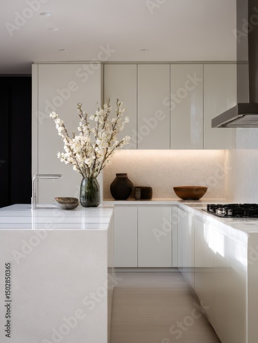 Modern kitchen with white cabinets and marble countertop.
