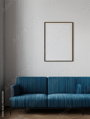 Contemporary living room interior with a blue sofa and blank picture frame.