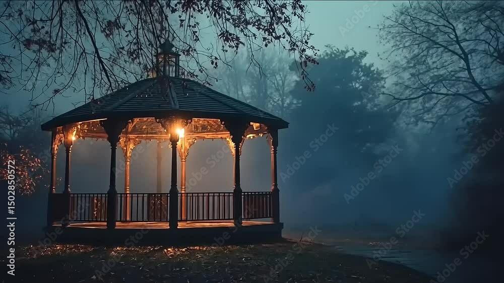 Serene gazebo illuminated by soft lights amidst a misty forest at dusk, creating a tranquil atmosphere