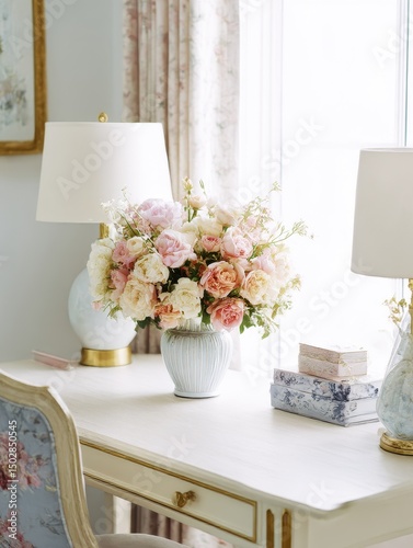 A delicate arrangement of pastel-colored flowers in a light-blue vase sits on a white desk.