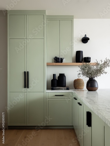 Sage green kitchen cabinets with black hardware and marble countertop.