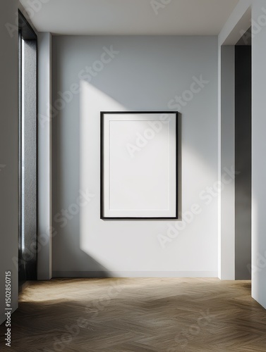 Empty picture frame in a light-filled hallway.
