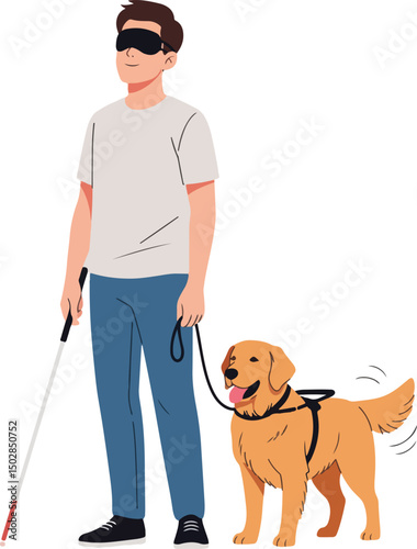 a blind man with a white cane and a loyal guide dog, isolated against a white background, emphasizing their bond