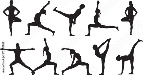 Yoga Poses Silhouette Set – Vector Illustration of Woman in Meditation and Exercise Positions