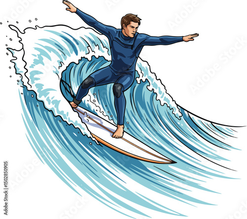 A dynamic vector illustration capturing the energy and motion of a surfer riding a wave, isolated against a white background