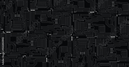Printed circuit board black and white technology seamless pattern, vector stock illustration