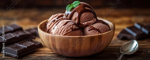Chocolate ice cream dessert, wooden bowl, table