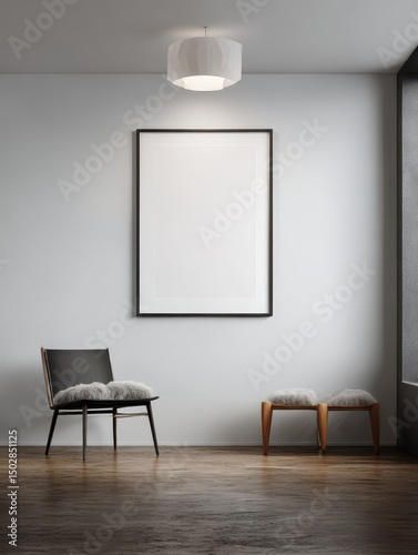 Empty room with chair and ottoman, minimalist design.
